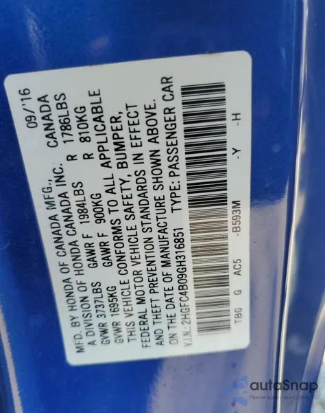 2016 Honda Civic Lx from USA, damaged, VIN 2HGFC4B09GH316851